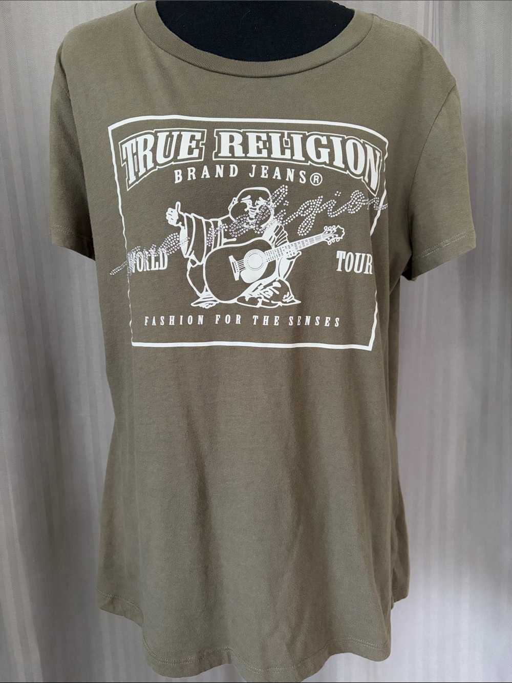 True Religion Olive Green Graphic Tee with White Buddha Logo